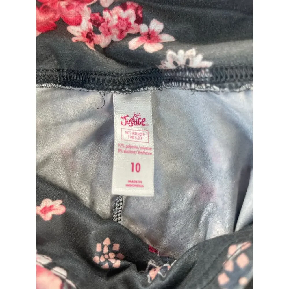 Justice Girls Gray Pink Floral Print Pull-On Fitted Leggings Youth Size 10